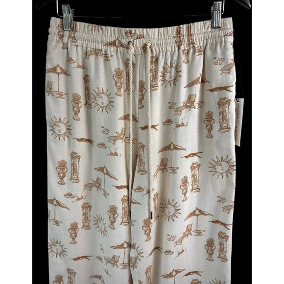 Maison d’Amelie Pull On Linen Blend Printed Pants Tan Lagenlook Coastal NEW - Picture 1 of 6